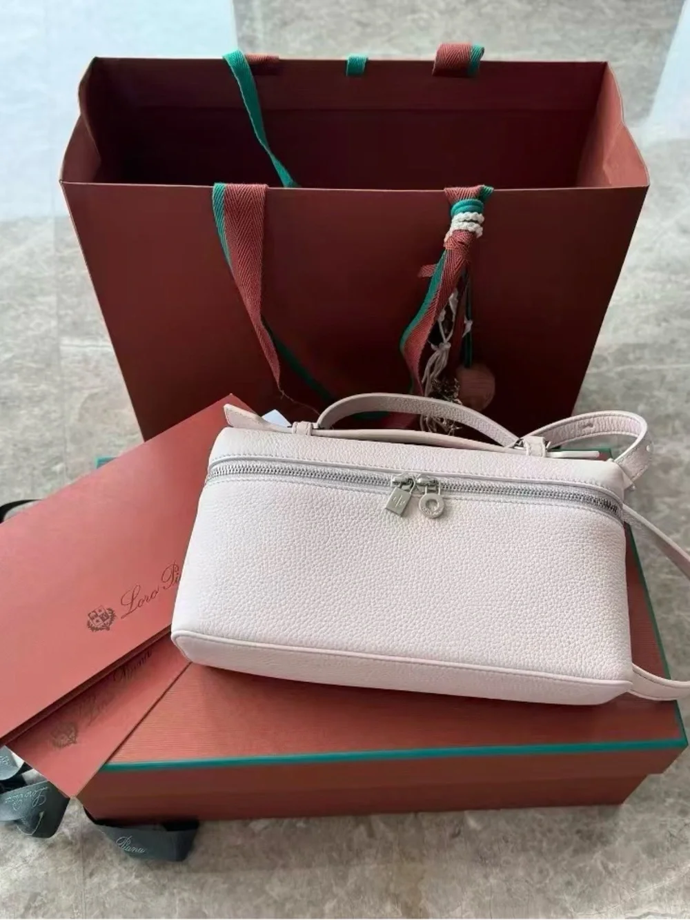 Loro Piana Light Pink Pebbled Leather Top-Zip Satchel